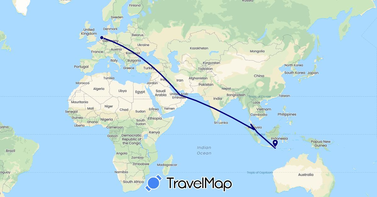 TravelMap itinerary: driving in United Arab Emirates, Indonesia, Malaysia, Netherlands, Singapore (Asia, Europe)